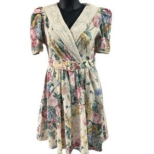 VTG Tina Barrie Women 10 Multicolor Floral Cottagecore Belted Knee Length Dress